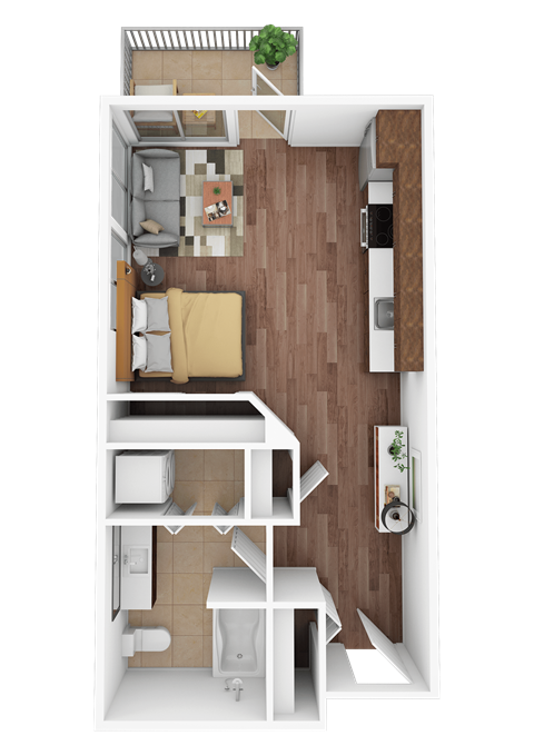 A top-down view of a small apartment with a kitchen, living room, and bathroom.